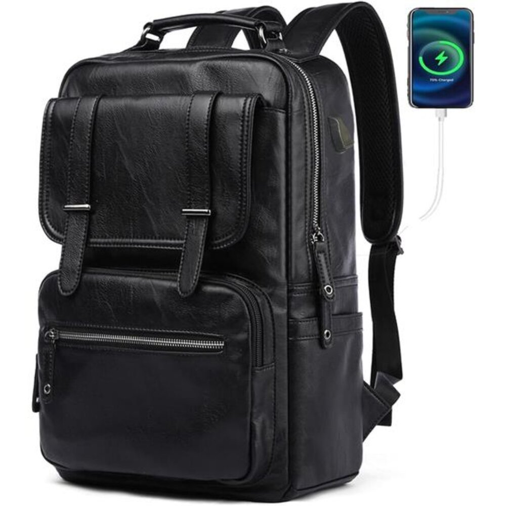 Black Leather Backpack with USB Charging Port